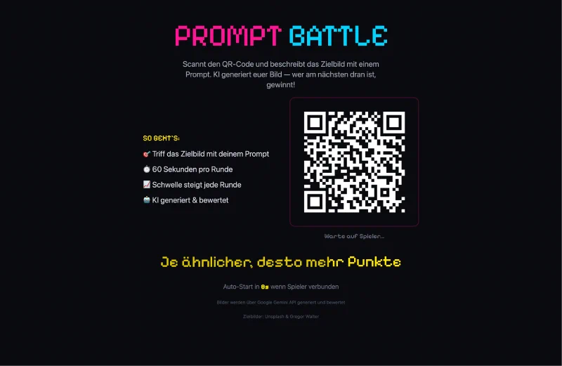 Startbildschirm mit QR-Code zum Mitspielen