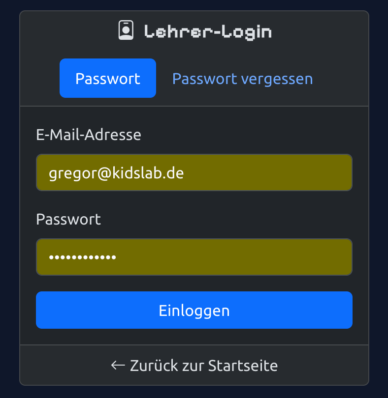Lehrkräfte-Login im GamesLab Studio