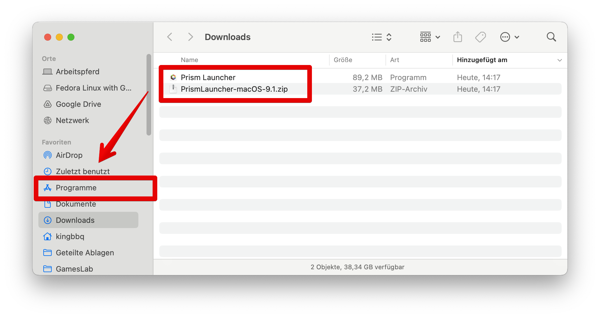 Programm entpacken und in Programme verschieben
