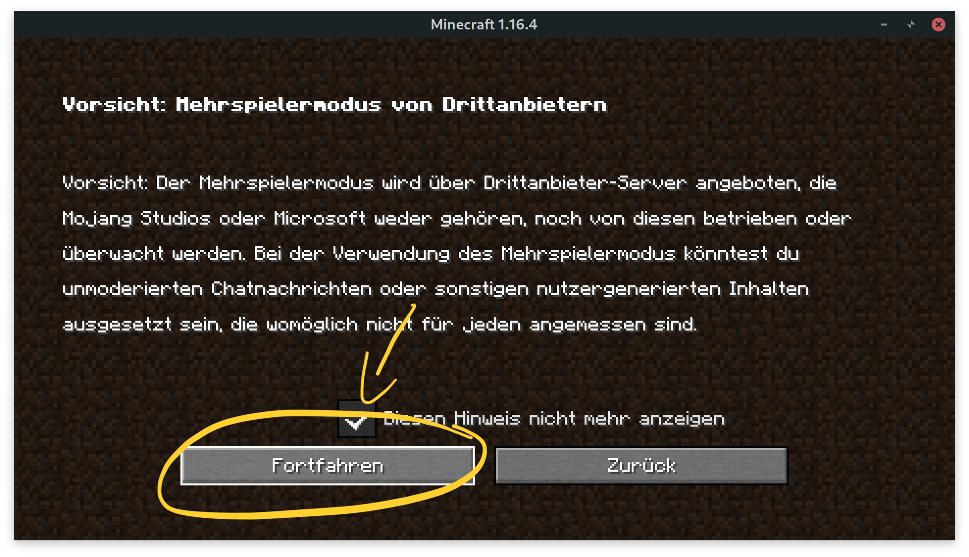 Minecraft Warnung Mehrspieler