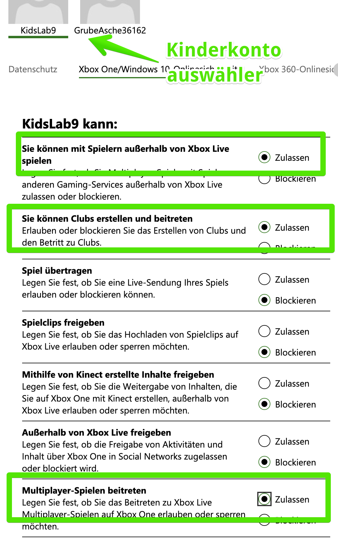 Xbox Privilege-Einstellungen
