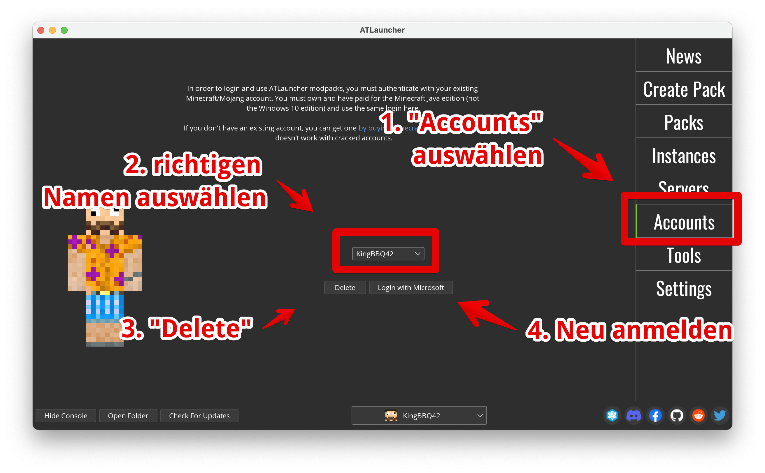 Account im ATLauncher neu anmelden